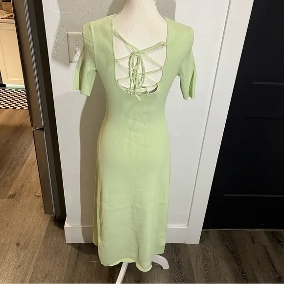 Maje Pastel Green Ribbed Knit Tie Back Midi Dress 38 - Picture 3 of 15